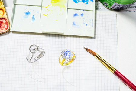 bijoux dessin Jewelry design watercolor sketch on the white paper
